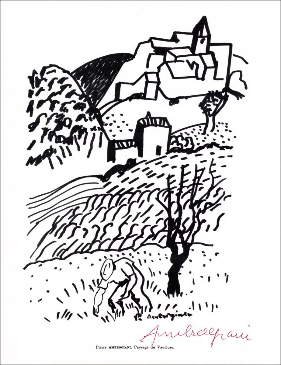 Pierre AMBROGIANI - Lithography "Landscape of the Vaucluse" 27x21cm - 1961