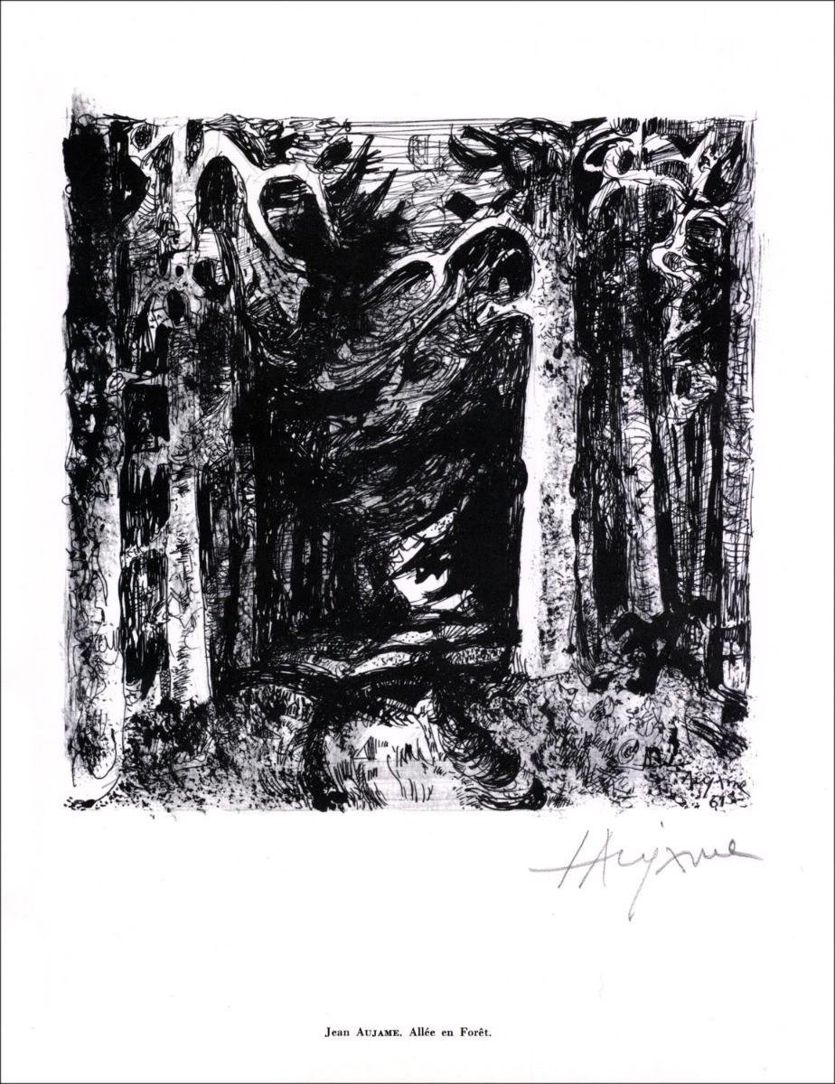 Jean Aujamus - Litografia firmata a matita "Vicolo nella foresta" 27x21cm - 1961