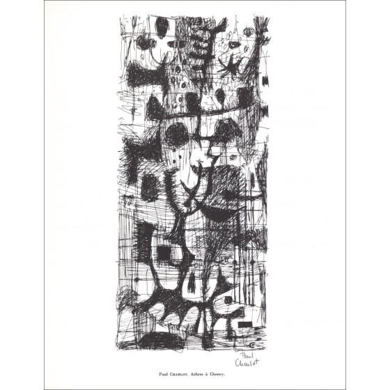 Paul Charlot - Lithoschijf ondertekend in inkt "bomen in Chenay" 27x21cm - 1961