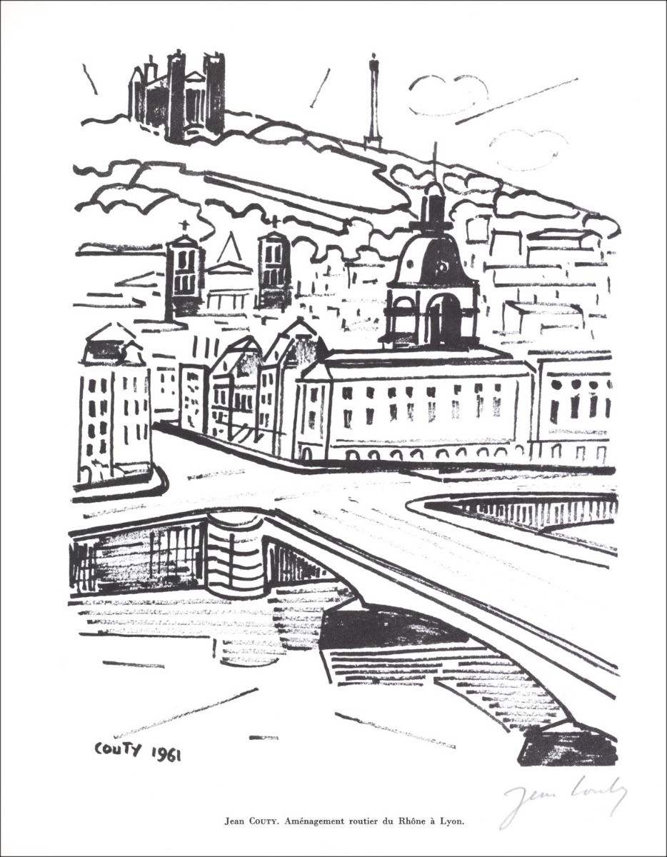 Jean Couty - Lithographie in Tinte unterzeichnet "Straßenentwicklung der Rhone in Lyon" 27x21cm - 1961