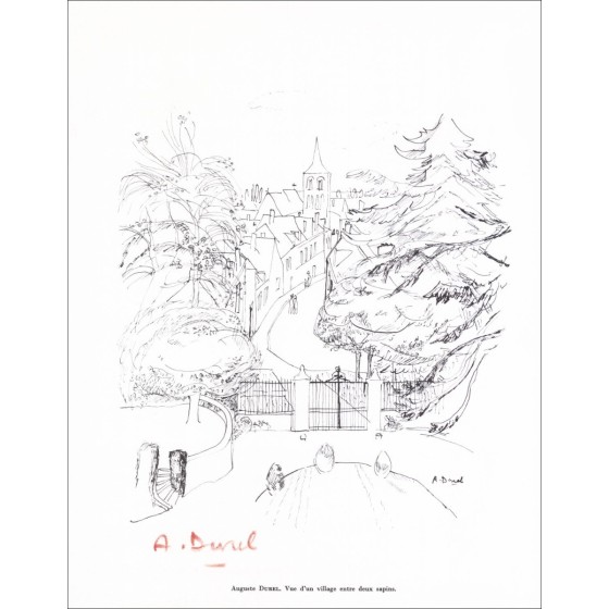 Auguste Durel - Litografía firmada a lápiz "El pueblo" 27x21cm - 1961