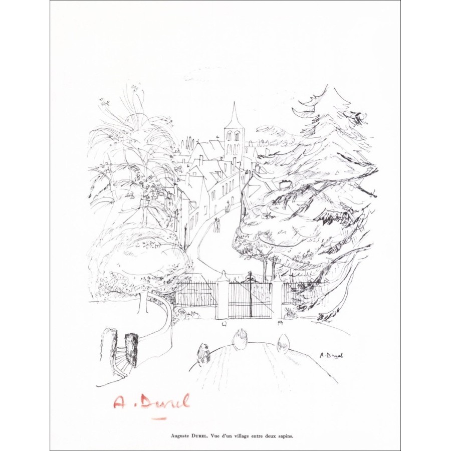 Auguste Durel - Litografía firmada a lápiz "El pueblo" 27x21cm - 1961