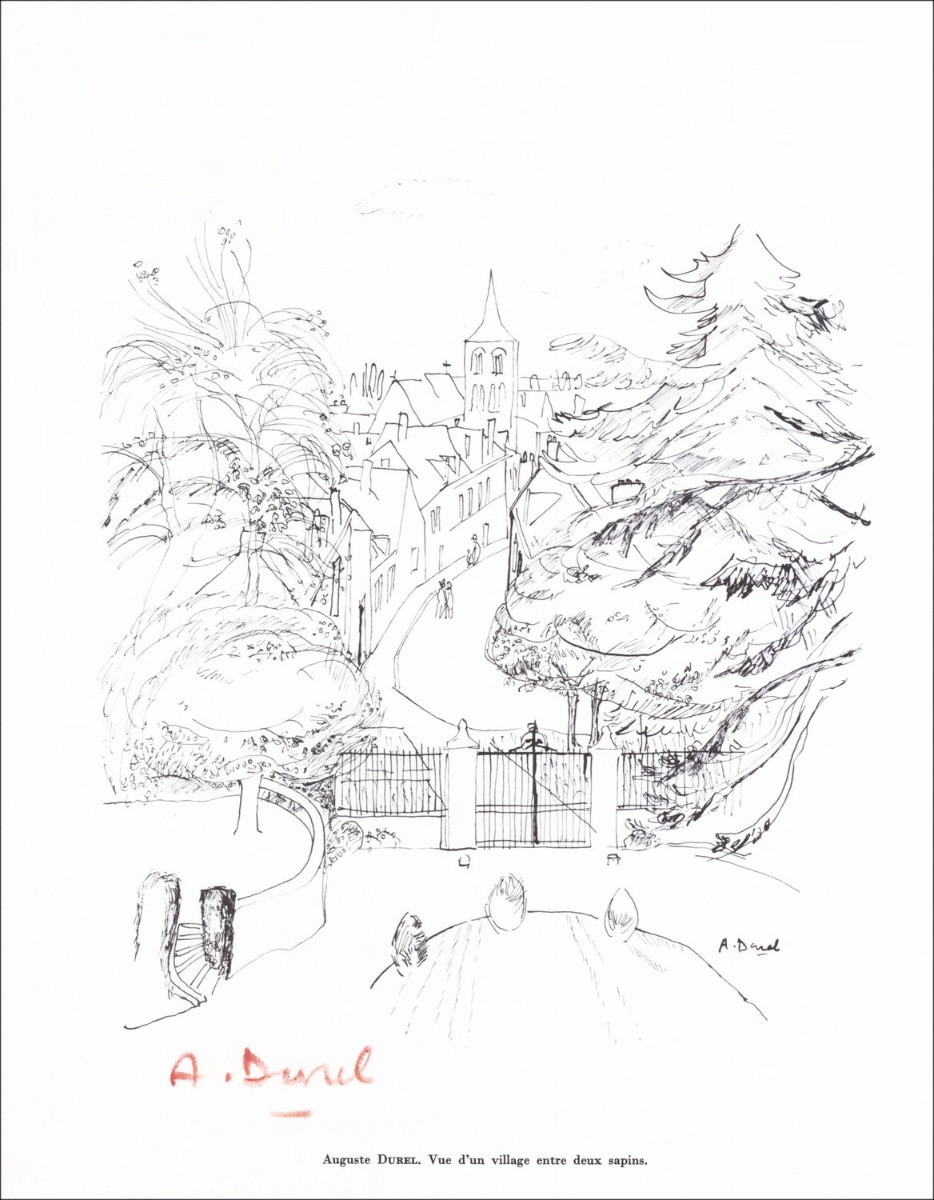 Auguste DUREL - Lithographie signée au crayon "Le Village" 27x21cm - 1961