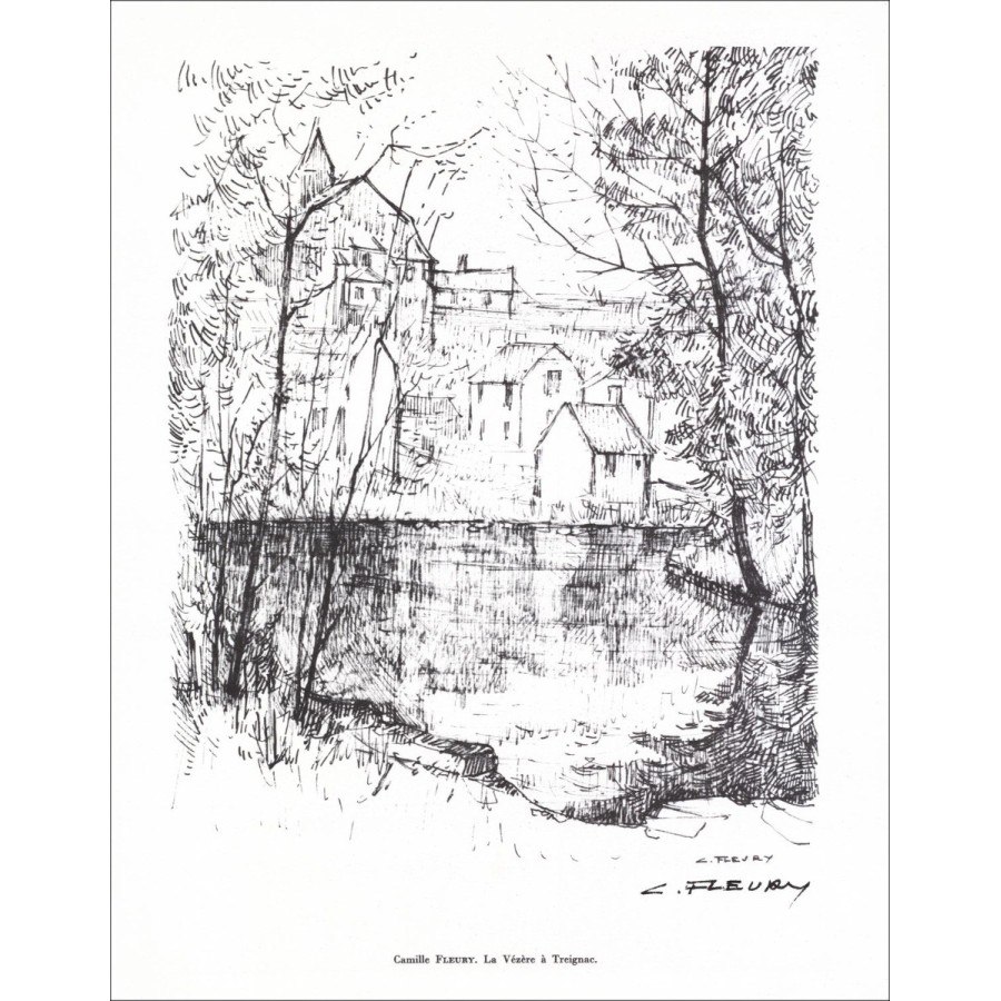 Camille Fleury - Lithografie ondertekend in potlood "La Vézère in Treignac" 27x21cm - 1961