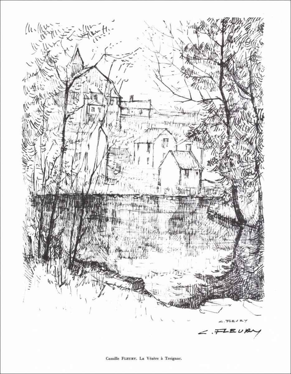 Camille Fleury - Lithografie ondertekend in potlood "La Vézère in Treignac" 27x21cm - 1961