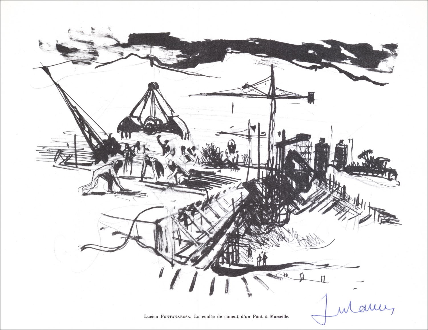 Lucien Fontanarosa - Litografía firmada en lápiz "Puente en Marsella" 27x21cm - 1961