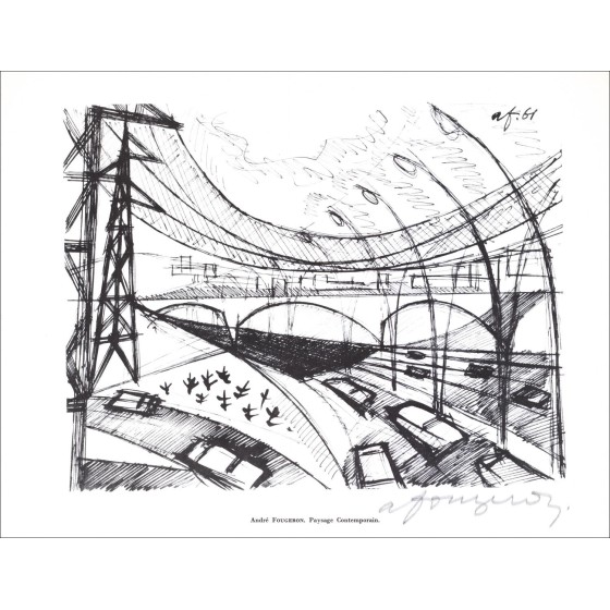 André Fougeron - Litografia firmata a matita "Paesaggio contemporaneo, Parigi" 27x21cm - 1961