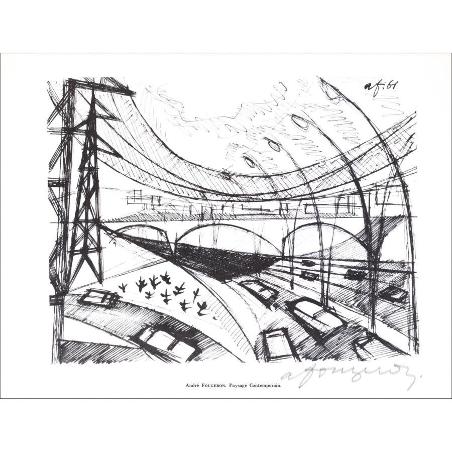 André FOUGERON - Lithfra_Latn gesigneerd met potlood "Tegenwoordige landschap, Parijs" 27x21cm - 1961