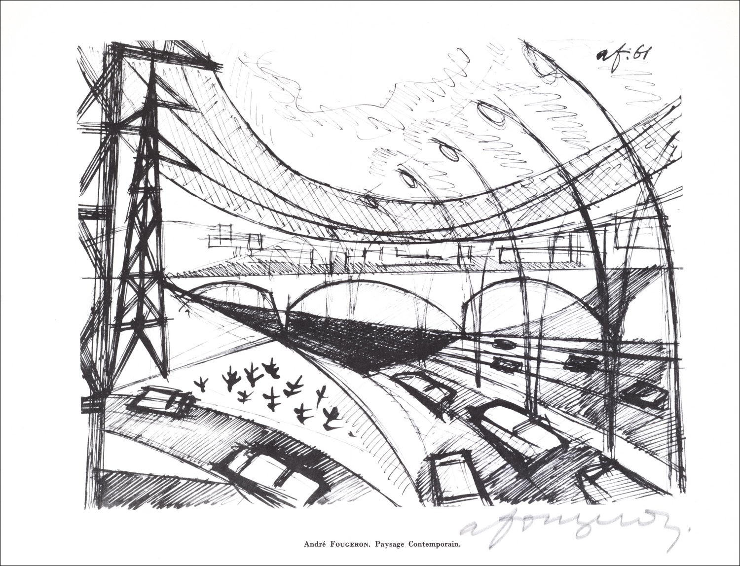 André FOUGERON - Lithograph signed in pencil "Contemporary landscape, Paris" 27x21cm - 1961