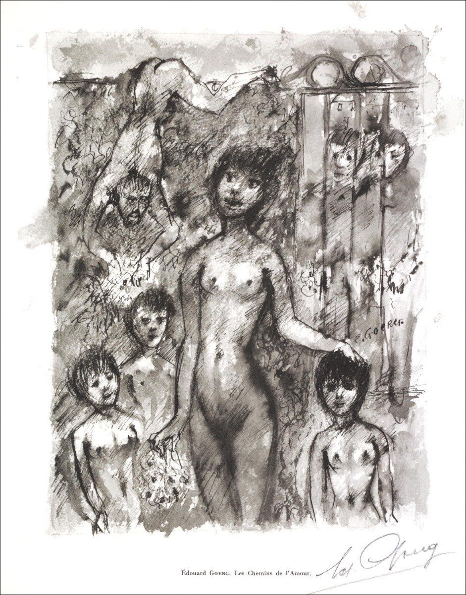 Edouard GOfra_Latn - Lithfra_Latn getekend met potlood "Les chemins de l'Amfra_Latn" 27x21cm - 1961