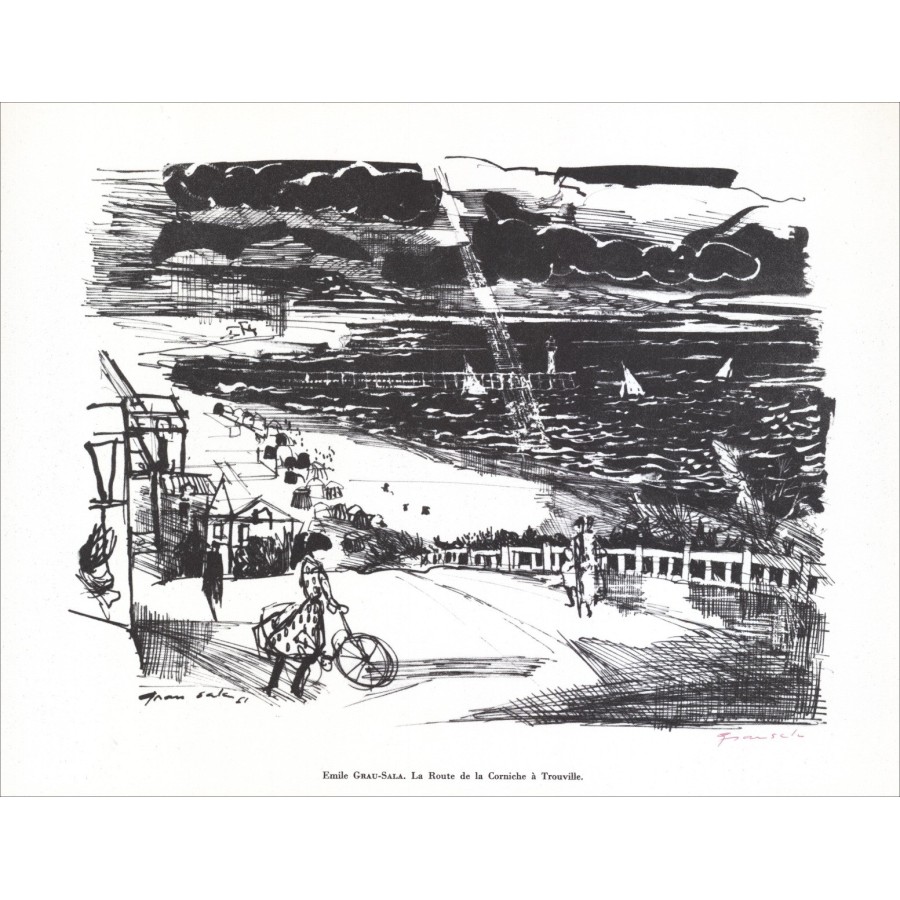 Emilio Grau-Sala - Litografia firmata a matita "Route de la Corniche in Trouville" 27x21cm - 1961