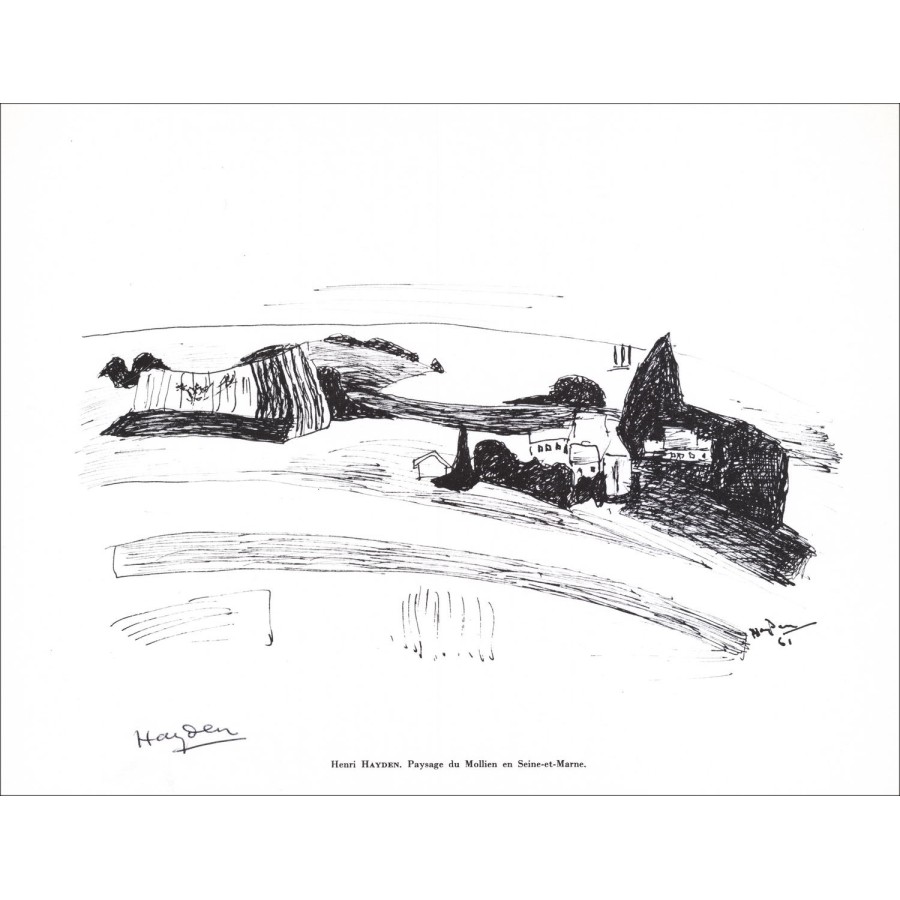 Henri Hayden - Lithographie in Bleistift unterzeichnet "Landschaft von Mollien en s / marne" 27x21cm - 1961