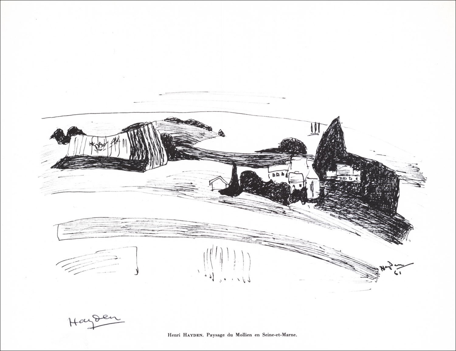 Henri Hayden - Litografia firmata a matita "Paesaggio di Mollien en s / Marne" 27x21cm - 1961