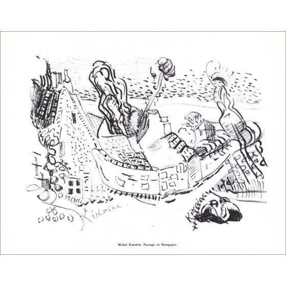Michel Kikoïne - Litografía firmada "Paisaje en Borgoña" 27x21cm
