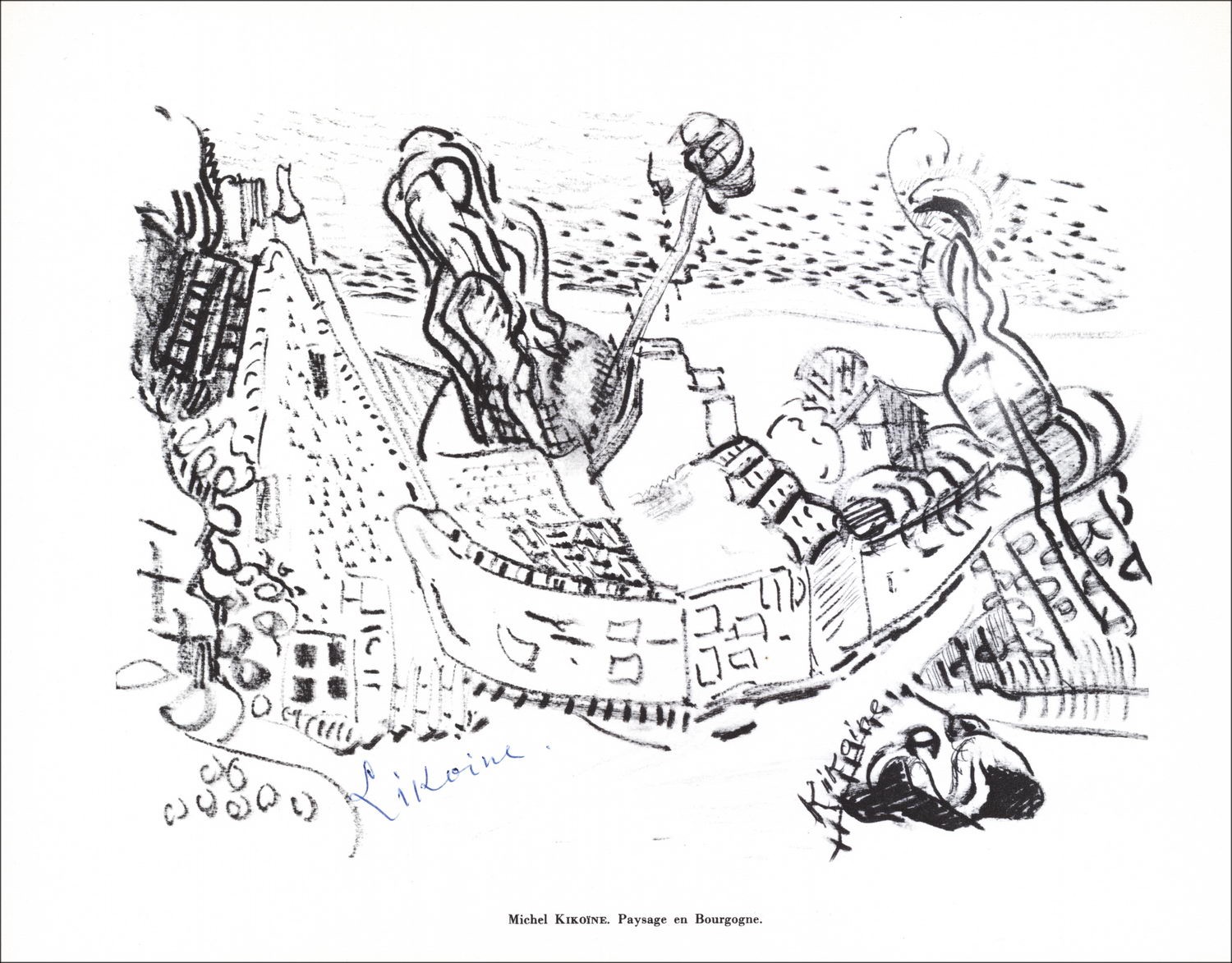MICHEL KIKOÏNE - Lithografie ondertekend "Landschap in Bourgondië" 27x21cm