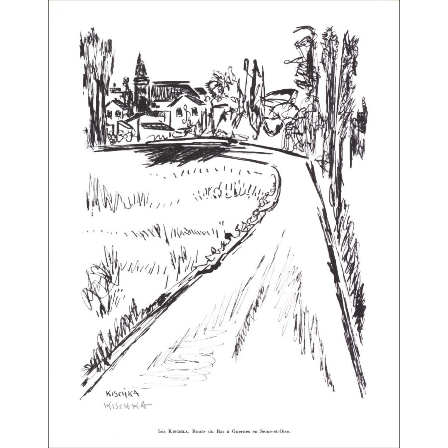Isis Kischka - Lithografie ondertekend in potlood "Route du Bac met Garnes en S / Oise" 27x21cm - 1961