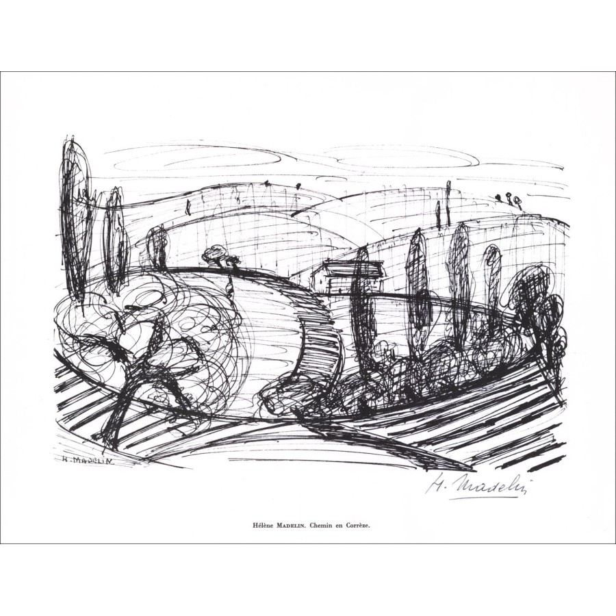 Hélène Madelin - Lithographie in Bleistift unterzeichnet "Chemin en corrèze" 27x21cm - 1961