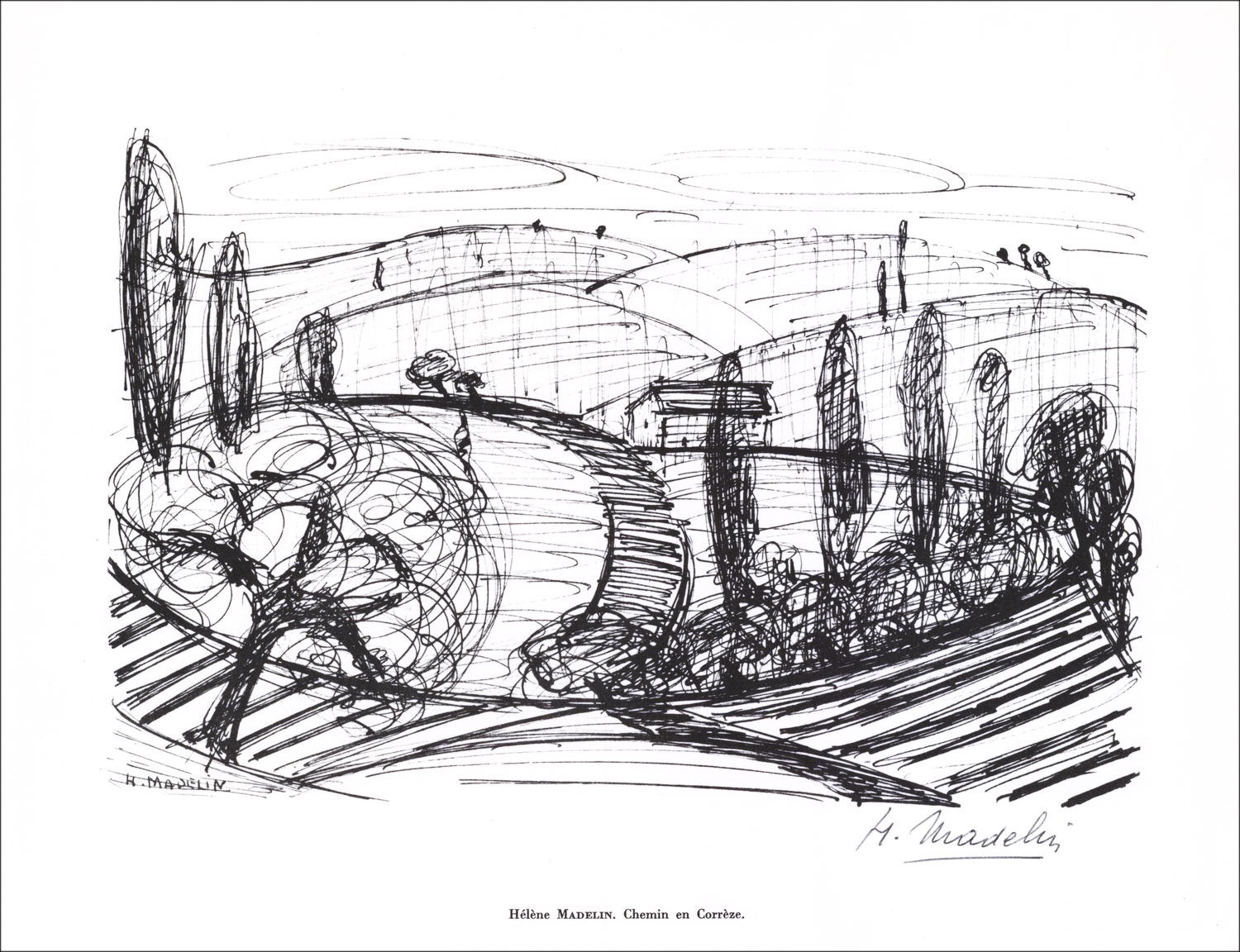 Hélène Madelin - Litografía firmada en Lápiz "Chemin en Corrèze" 27x21cm - 1961