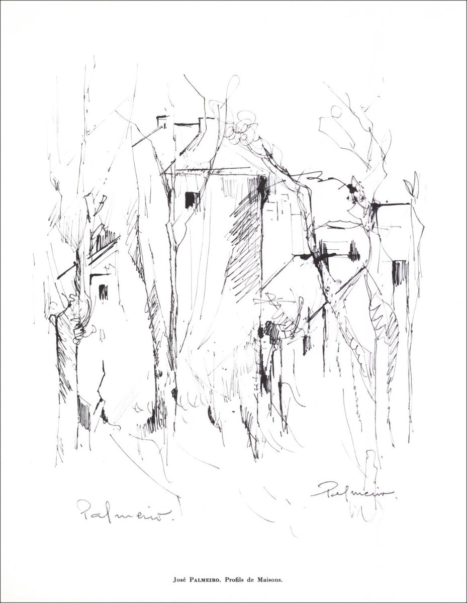 José Palmeiro - Lithoschelle ondertekend in potlood "Huisprofielen" 27x21cm - 1961