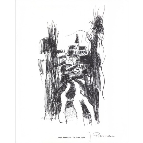 Joseph Pressman - Litografía firmada a lápiz "Vista de una iglesia" 27x21cm - 1961