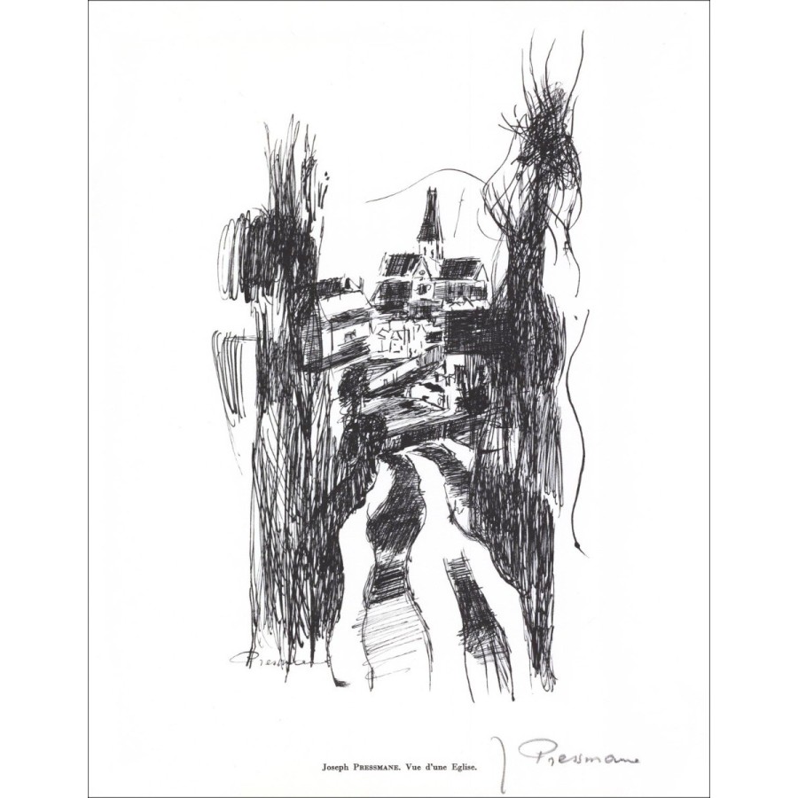 Joseph PRESSMANE - Litografia firmata a matita "Vista di una chiesa" 27x21cm - 1961