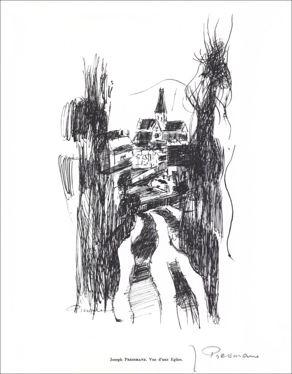Joseph PRESSMANE - Litografia firmata a matita "Vista di una chiesa" 27x21cm - 1961