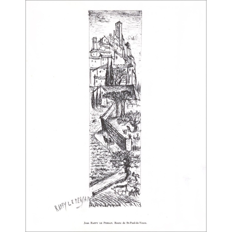 Jean RAFFY LE PERSAN - Lithographie signée au crayon "Route de St Paul de Vence" 27x21cm - 1961