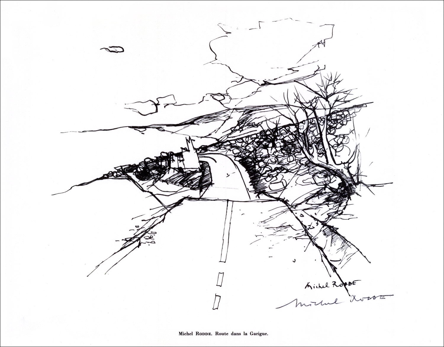 Michel RODDE - Litografía firmada en lápiz "Route dans la garigue" 27x21cm - 1961