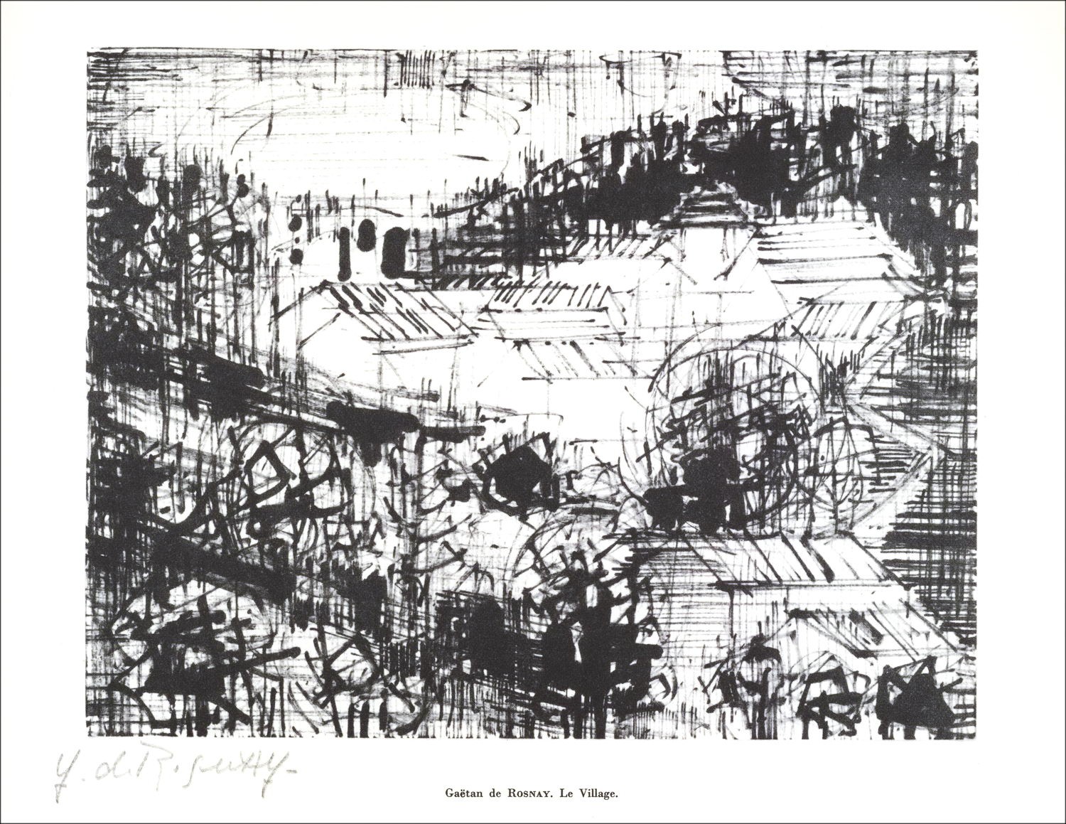 Gaëtan de Rosnay - Lithografie ondertekend in potlood "het dorp" 27x21cm - 1961