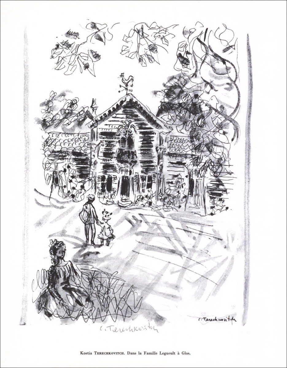 Kostia TERECHKOVITCH - Lithographie signée au crayon "Dans la famille Legeult à Glos" 27x21cm - 1961