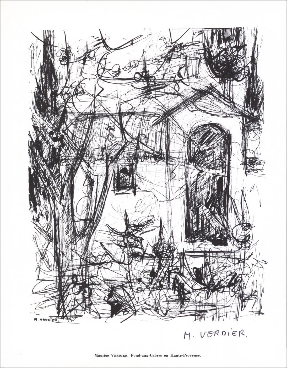 Maurice Verdier - Litografia firmata a matita "Cabres in Provenza" 27x21cm - 1961
