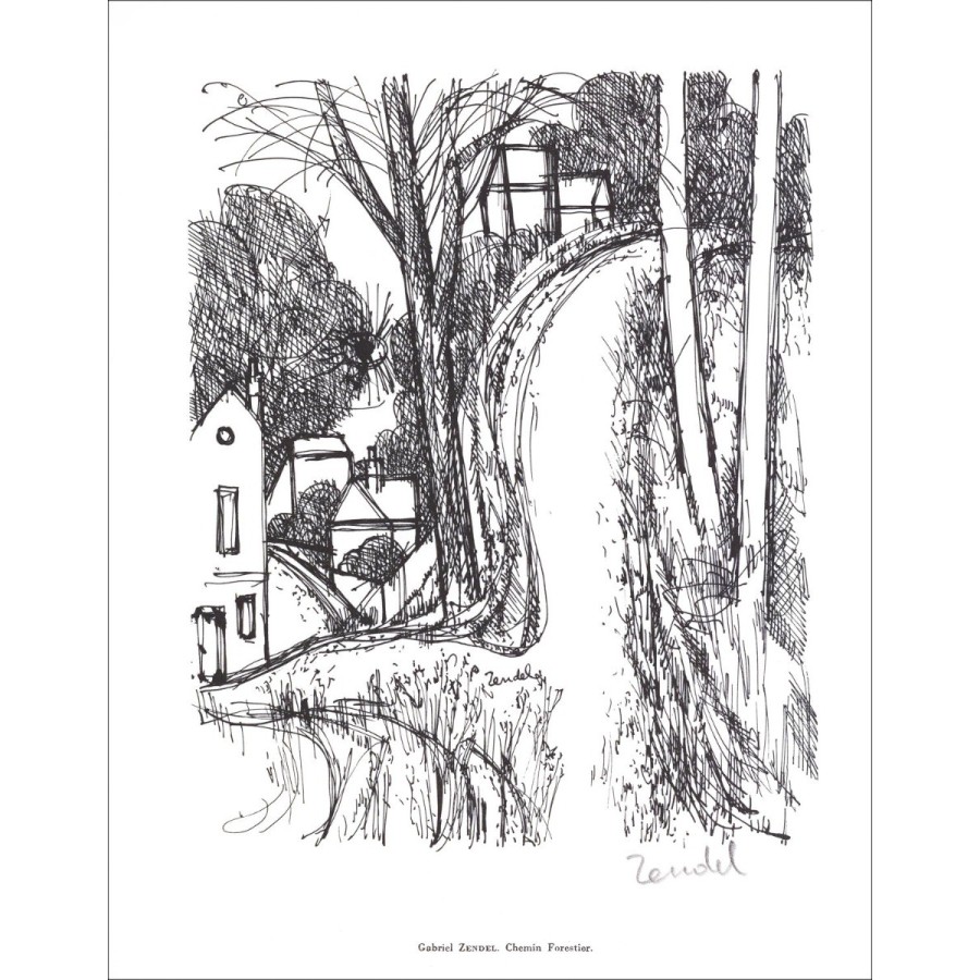 Gabriel ZENDEL - Lithographie signée au crayon "Chemin forestier" 27x21cm - 1961