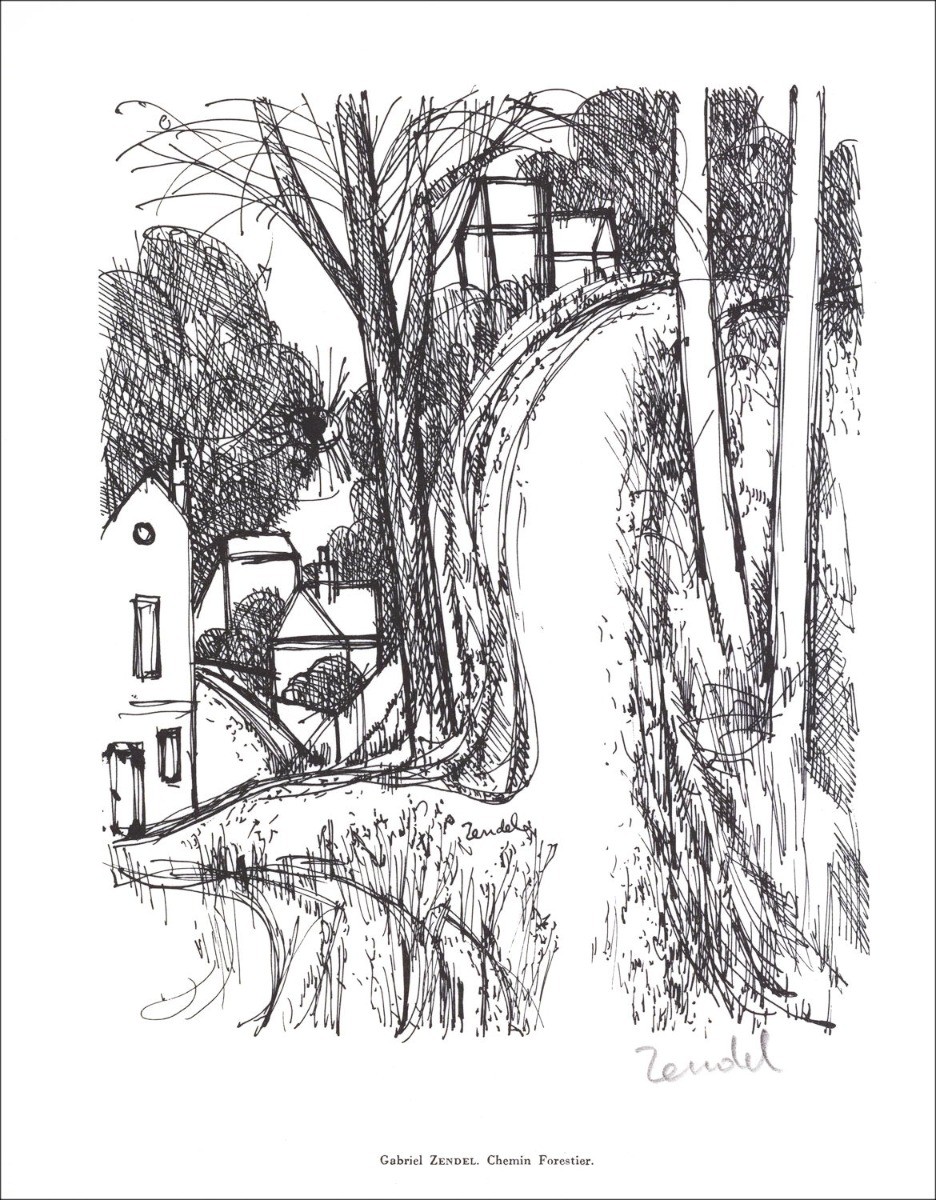 Gabriel Zendel - Litografia firmata alla matita "Forest Road" 27x21cm - 1961