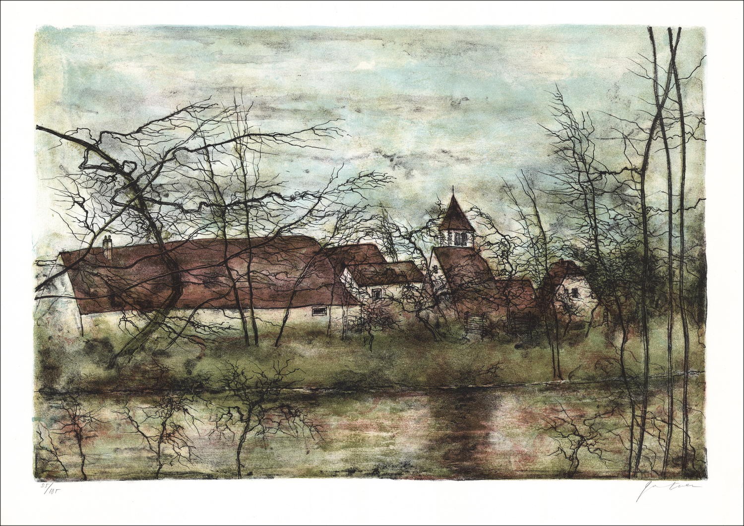 Purchase Original Lithograph Bernard GANTNER Village on the banks of the river