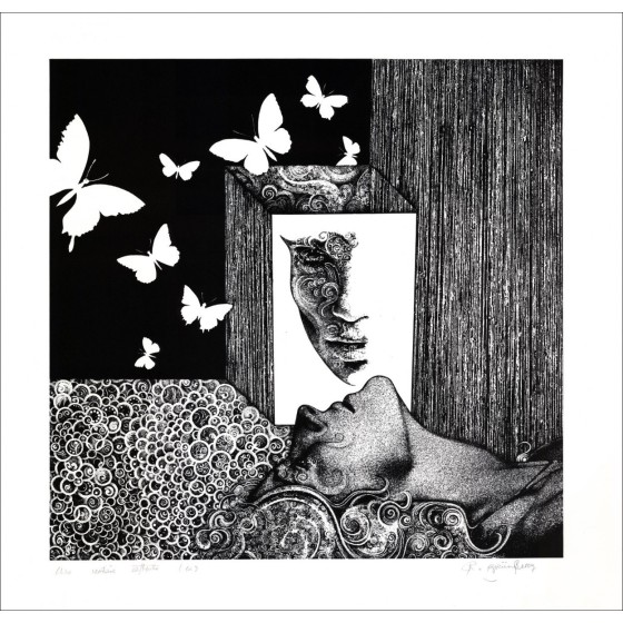Roland Grünberg - Litografia originale "Una certa aspettativa" 62x64cm