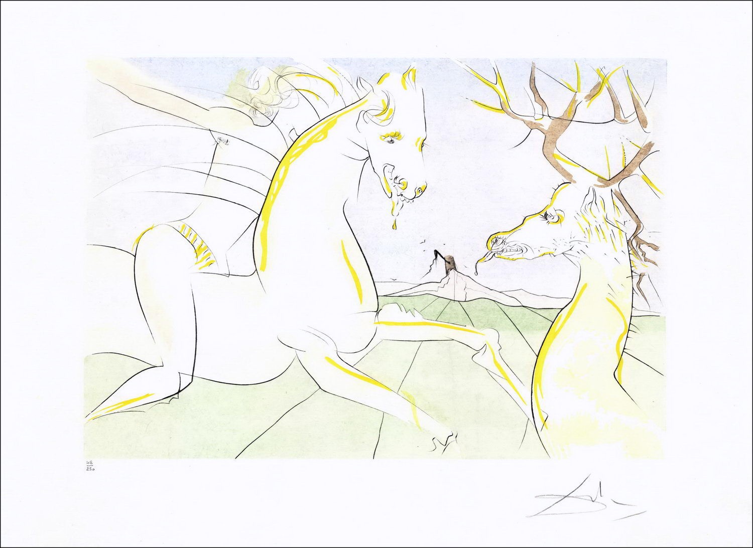 Salvador DALI - Gravure originale "Le Bestiaire de la Fontaine, Le cheval qui voulait se venger du cerf"