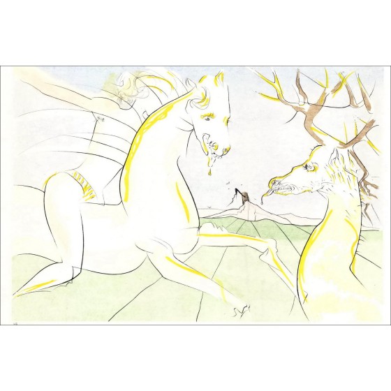 Salvador DALI - Gravure originale "Le Bestiaire de la Fontaine, Le cheval qui voulait se venger du cerf"