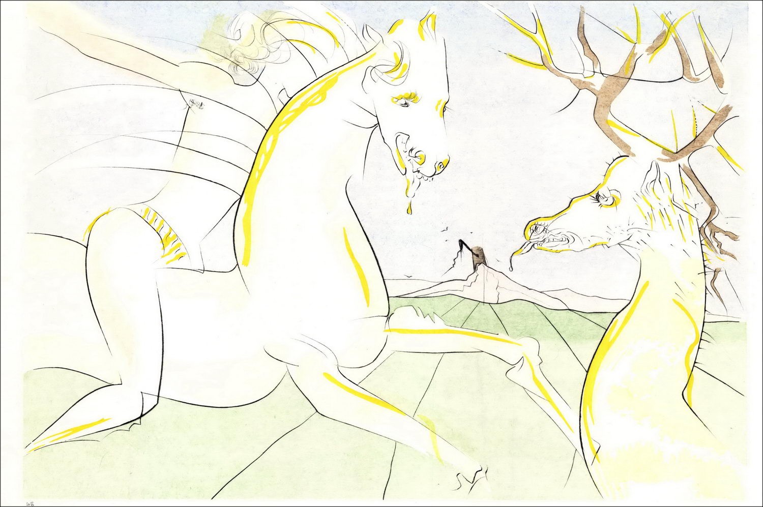 Salvador DALI - Oorspronkelijke gravure "Le Bestiaire de la Fontaine, Le cheval qui voulait se venger du cerf"