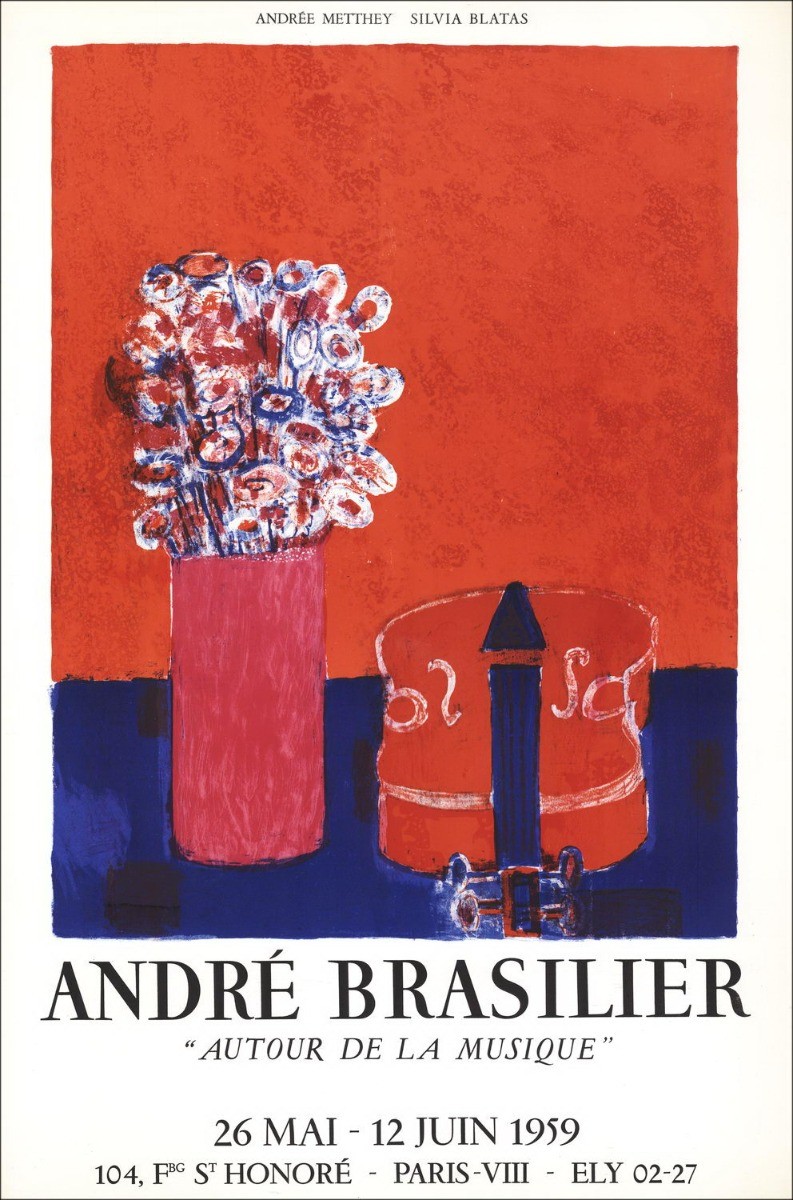 André BRASILIER - Litografía "Exhibición Galerie René Drouet, París" 73x49cm - 1959 - - Póster original