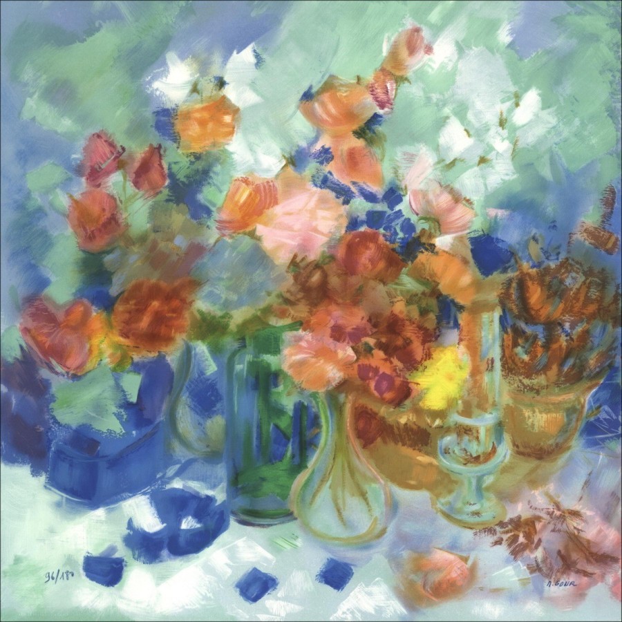 Michèle GOUR - Lithographie Originale "Le bouquet de fleurs"  63x63cm - 1990