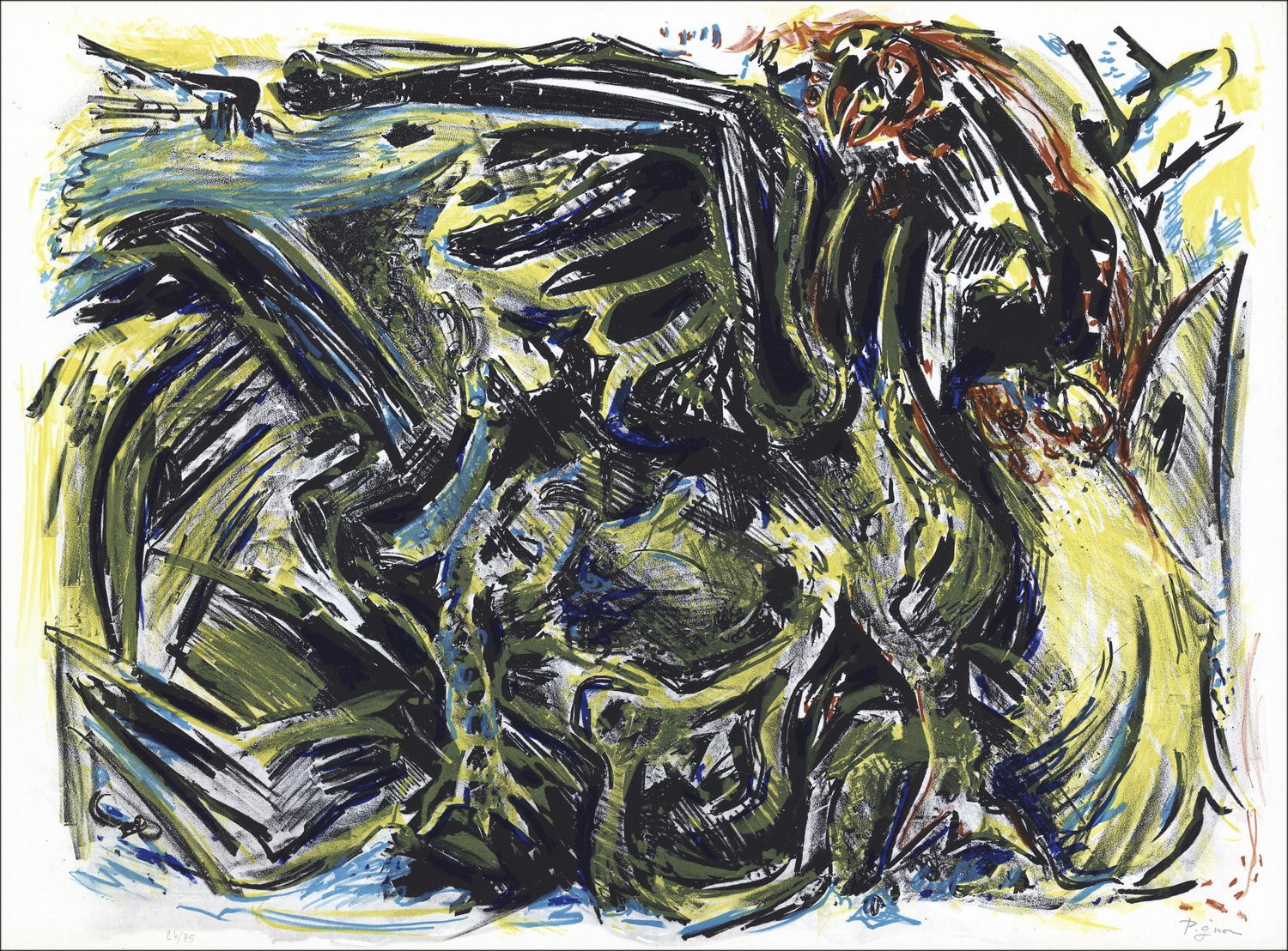 Édouard PIGNON - Lithographie Originale "Composition, le combat de coqs" 56x76cm - 1967