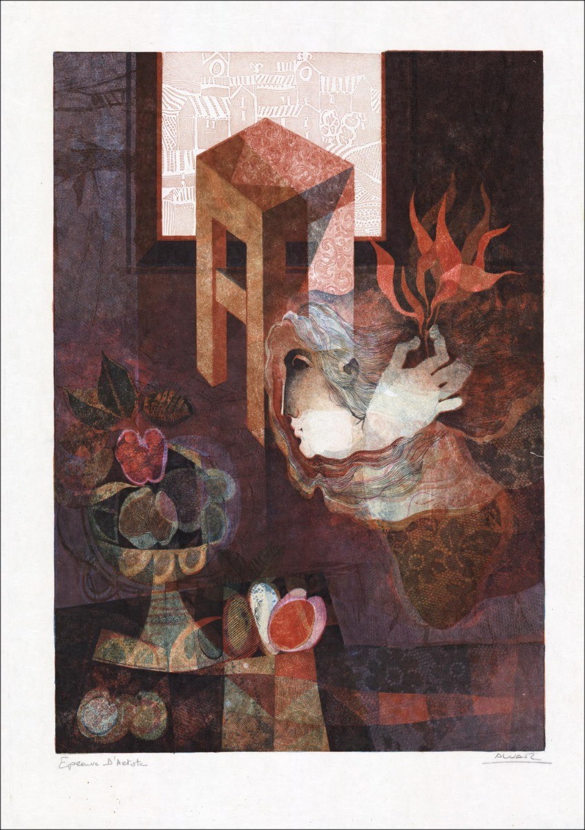 Sunol ALVAR - Lithographie originale "Composition à la coupe de fruits et au tabouret" 87x62cm
