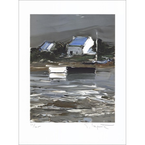 Georges Laporte - Litografia originale "Bretagna, casa al bordo dell'acqua" 50x37cm - firmato e numerato a matita