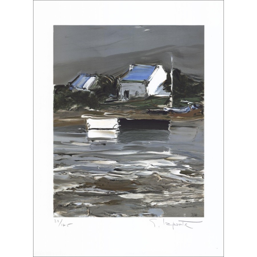 Georges Laporte - Litografia originale "Bretagna, casa al bordo dell'acqua" 50x37cm - firmato e numerato a matita