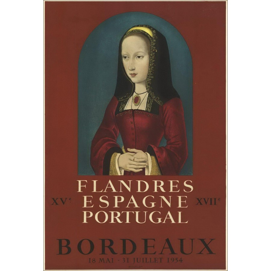 Anónimo - Litografía "Flandes, España, Portugal, Burdeos" 72x49cm - 1954 - Retrato de Jeanne de Castilla