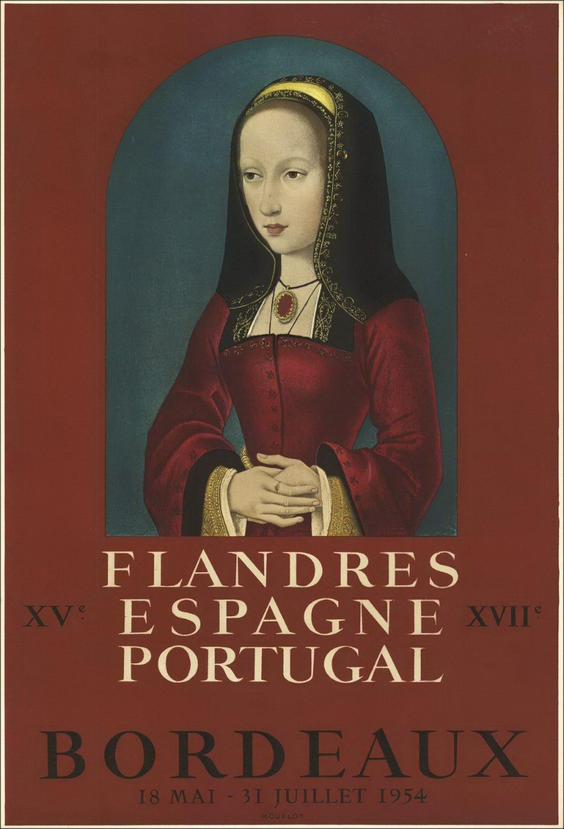 Anónimo - Litografía "Flandes, España, Portugal, Burdeos" 72x49cm - 1954 - Retrato de Jeanne de Castilla