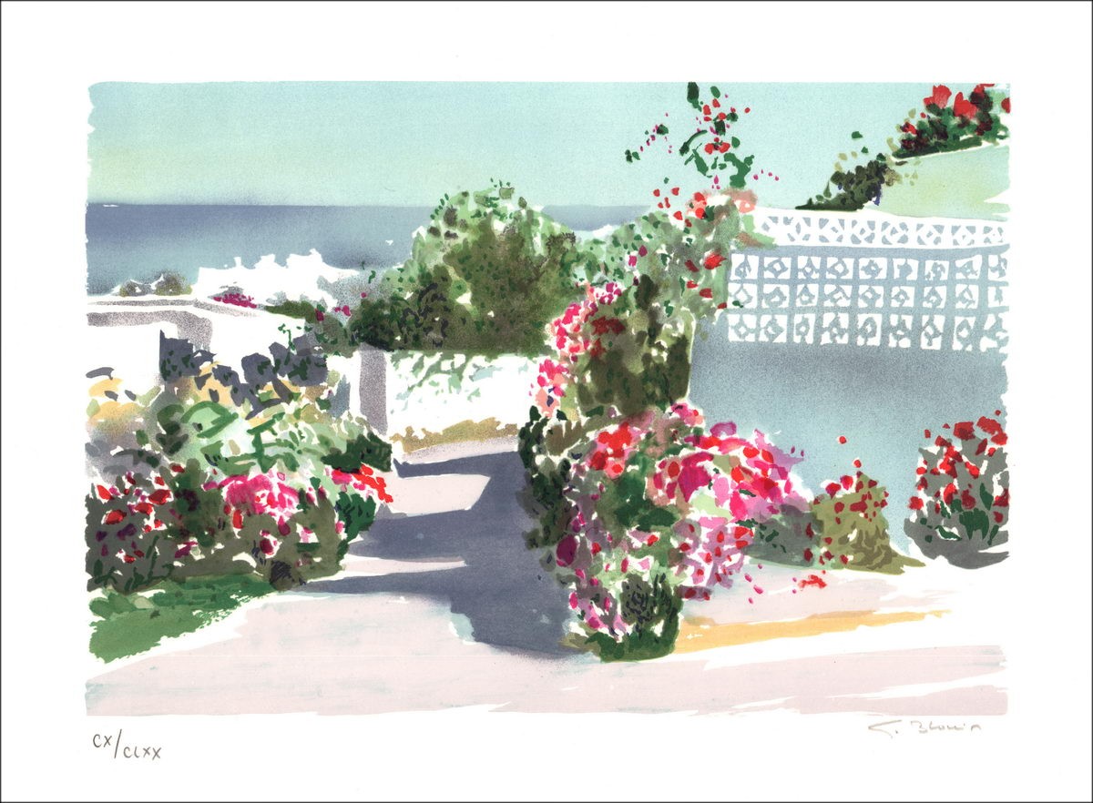 BLOUIN Georges - Original lithograph "Flowered Alley" signed and numbered in pencil
