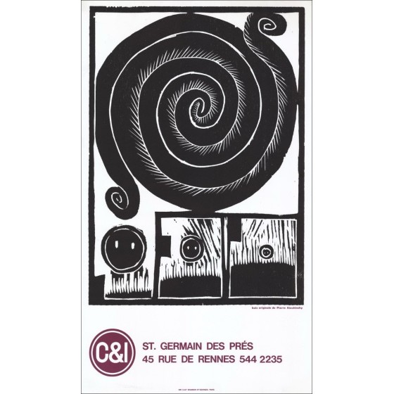 Pierre Alechinsky - Litografia, legno inciso "Esposizione St Germain des Prés, Parigi" 66x39cm - 1970