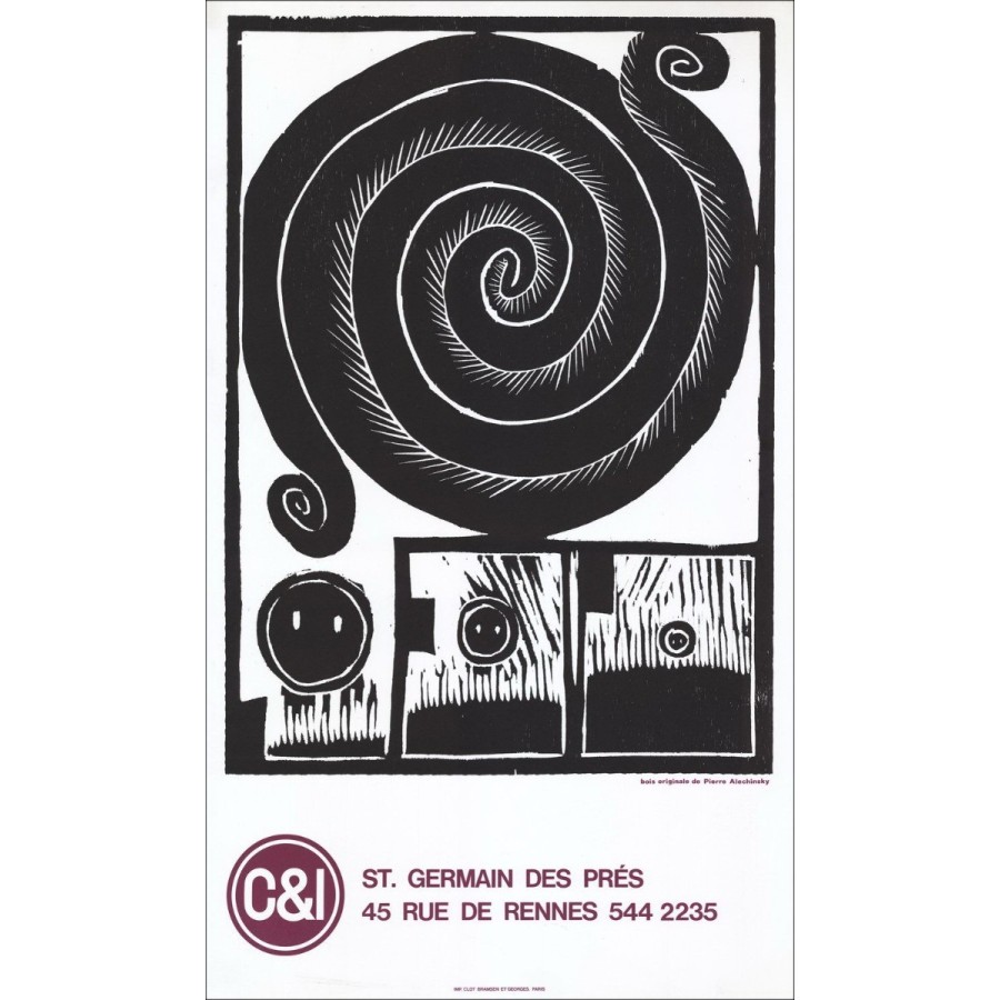 Pierre Alechinsky - Litografia, legno inciso "Esposizione St Germain des Prés, Parigi" 66x39cm - 1970