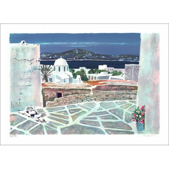 BLOUIN Georges - Original Lithograph "Chapel in Poros" signed and numbered in pencil